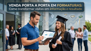 Equipe de vendas porta a porta em formaturas visitando uma sala de aula, com tablets ou celulares em mãos, registrando contratos em tempo real, enquanto o gestor acompanha os resultados em um painel de dados ao fundo.