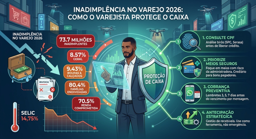 Ilustração de um comerciante conferindo o caixa da loja com gráficos de vendas e inadimplência ao fundo, representando a inadimplência no varejo em 2026 e o impacto no fluxo de caixa do varejista.