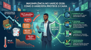 Ilustração de um comerciante conferindo o caixa da loja com gráficos de vendas e inadimplência ao fundo, representando a inadimplência no varejo em 2026 e o impacto no fluxo de caixa do varejista.