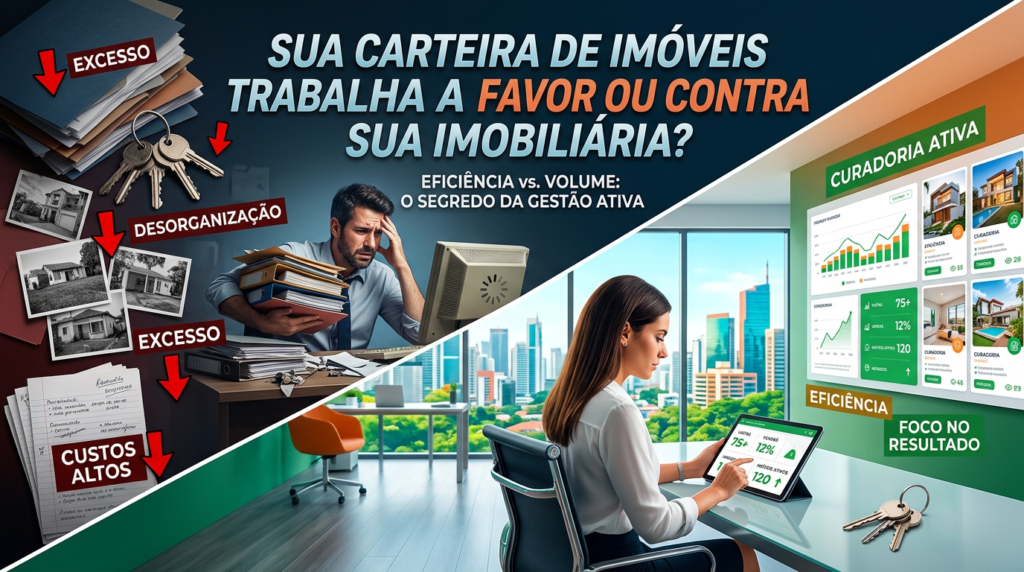 Capa de artigo sobre carteira de imóveis mostrando um gestor imobiliário analisando uma tela com lista de imóveis e gráficos de desempenho ao fundo, em um escritório moderno, representando a importância da gestão ativa na imobiliária.
