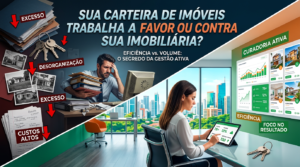 Capa de artigo sobre carteira de imóveis mostrando um gestor imobiliário analisando uma tela com lista de imóveis e gráficos de desempenho ao fundo, em um escritório moderno, representando a importância da gestão ativa na imobiliária.