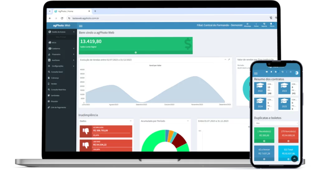 Temos um desktop e um mobile. Na tela do computador temos a tela de inicial do sistema com o dashboards, que são os gráficos de acompanhamento gerencial sobre todas as ações da empresa e na tela do celular, também, uma parte do dashboard relacionada a controle de estoque.
