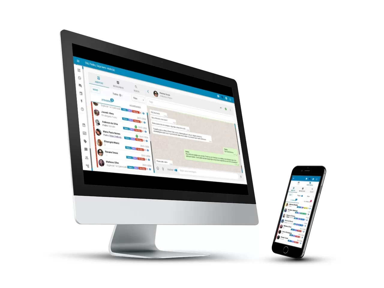 Temos um desktop e um mobile. Na tela do computador temos a tela de atendimento do sistema, na tela do celular temos as filas de atendimento do software.