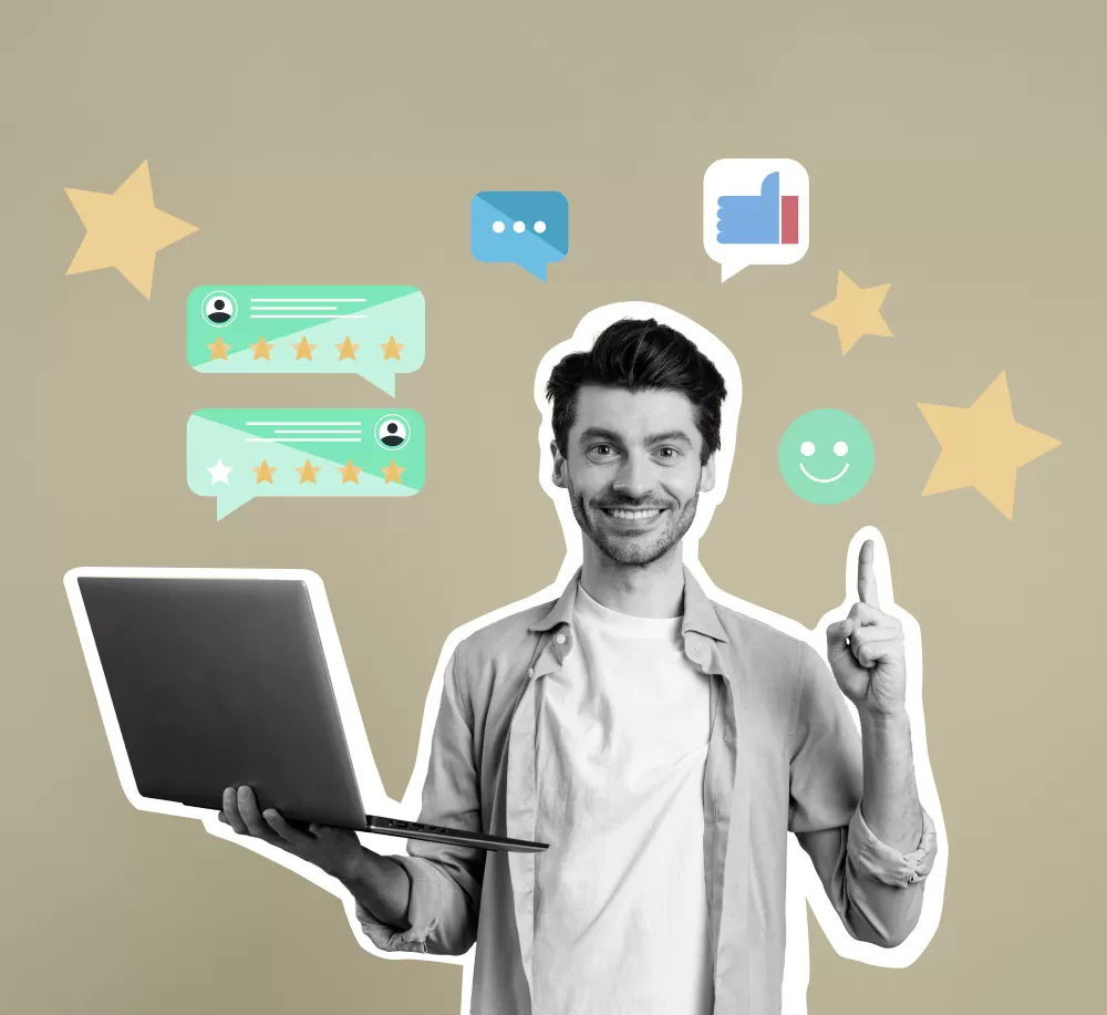 A imagem mostra uma representação gráfica de uma pessoa segurando um laptop com vários ícones flutuando ao redor, incluindo estrelas, balões de fala, um polegar para cima e emoticons. Esta imagem simboliza como o Net Promoter Score (NPS) emerge como uma ferramenta indispensável para avaliar a satisfação e o feedback do cliente na era digital. Os elementos coloridos sugerem a importância de medir a experiência e a satisfação do cliente, frequentemente quantificada usando ferramentas como o NPS. A presença desses símbolos indica que o NPS está se tornando cada vez mais essencial na compreensão do sentimento do consumidor nos negócios.