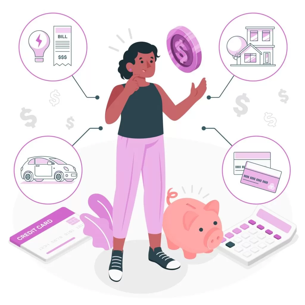 Dicas financeiras para famílias empreendedoras: Ilustração de uma pessoa pensando em finanças, rodeada por ícones de contas, casa, carro, cartões de crédito e um cofrinho, representando o equilíbrio entre despesas pessoais e empresariais.