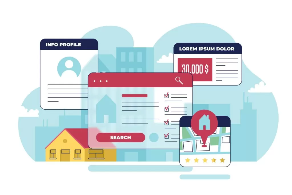 Ilustração digital representando um sistema de gestão imobiliária, destacando buscas de imóveis, perfis de clientes e preços. Por que sua imobiliária precisa de um ERP?