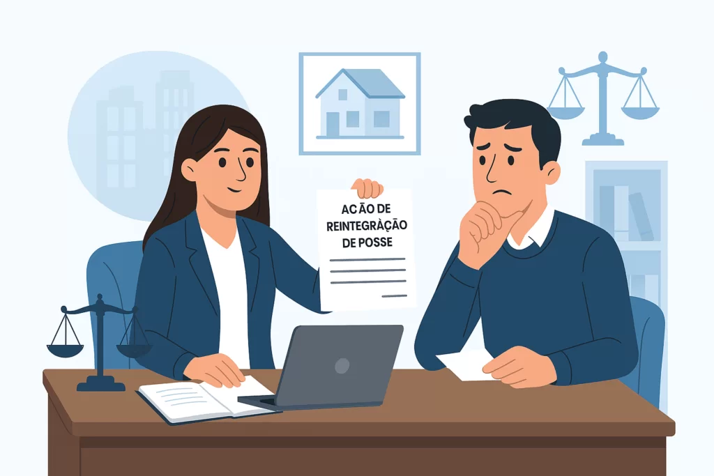 Ilustração digital mostrando uma consulta jurídica relacionada à ação de reintegração de posse, com advogado e cliente discutindo documentos sobre a recuperação do imóvel.