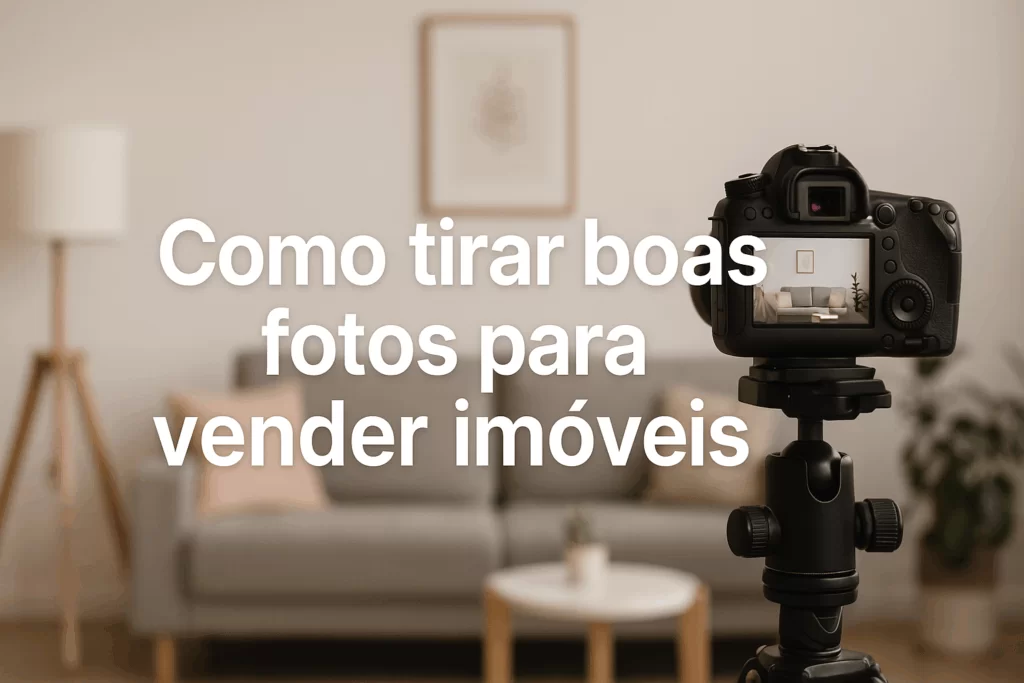 Como tirar boas fotos para vender imóveis' em destaque. Ao fundo, uma sala decorada com iluminação natural é fotografada por uma câmera DSLR sobre um tripé, simbolizando a prática da fotografia imobiliária profissional.