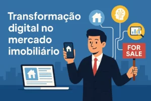 Ilustração digital sobre transformação digital no mercado imobiliário, com corretores utilizando tecnologia em tablets e computadores para apresentar imóveis, representando inovação, automação e modernização no setor.