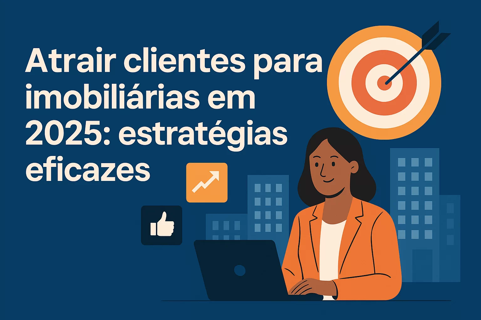 Banner com o título “Atrair clientes para imobiliárias em 2025: estratégias eficazes”, ilustração de corretora no laptop, ícones de marketing e alvo no fundo.