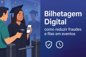 Bilhetagem Digital : graduanda mostra QR Code no celular para validação na portaria, representando redução de fraudes e filas.