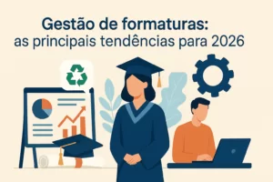 Ilustração representando a Gestão de formaturas, com formandos em becas, gráficos de desempenho e elementos tecnológicos que simbolizam inovação e tendências para 2026.