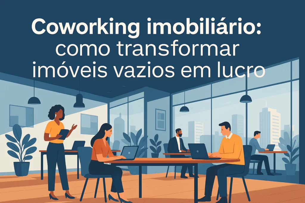 Ilustração de um coworking imobiliário moderno com profissionais trabalhando em laptops em um ambiente compartilhado e iluminado, simbolizando inovação e rentabilidade.