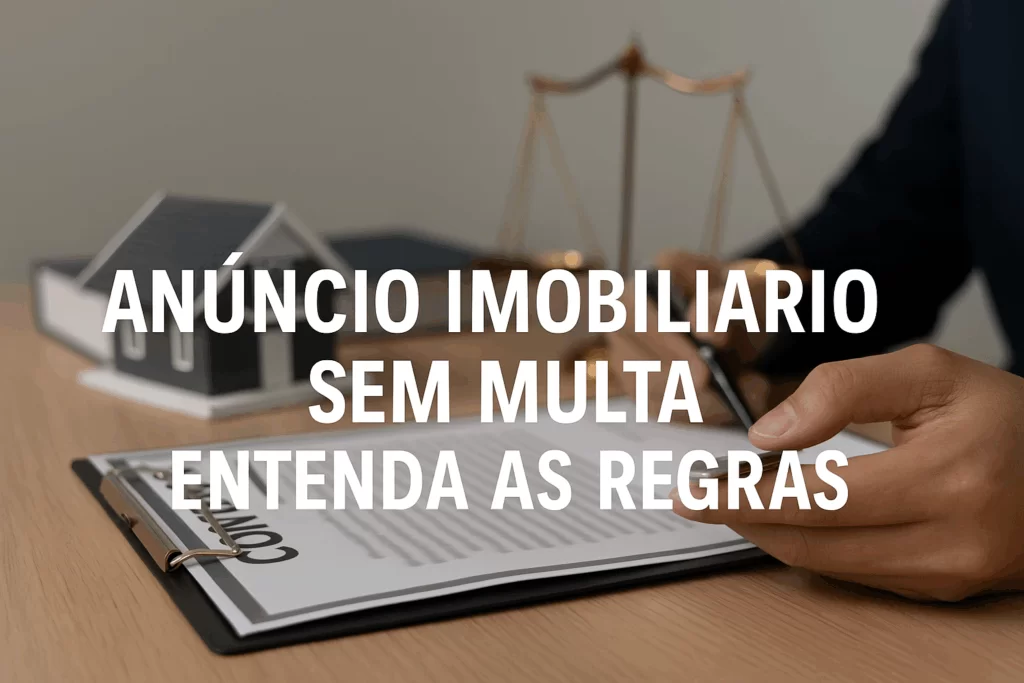 Capa horizontal do artigo “Anúncio imobiliário sem multa: entenda as regras”, mostrando um contrato sobre a mesa com miniatura de casa e balança da justiça ao fundo, representando equilíbrio e conformidade legal no setor imobiliário.