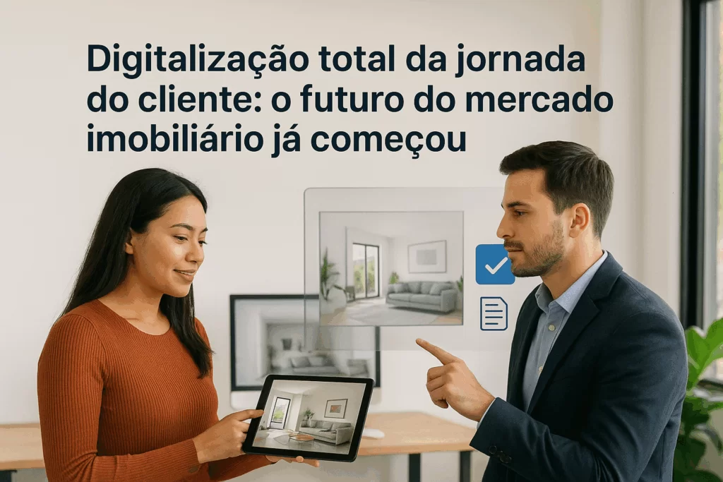 Corretor de imóveis e cliente utilizando um tablet para visualizar um tour virtual 360° de um apartamento moderno, representando a digitalização da jornada do cliente no mercado imobiliário. O ambiente é corporativo, iluminado e tecnológico, com elementos digitais sobrepostos na imagem.