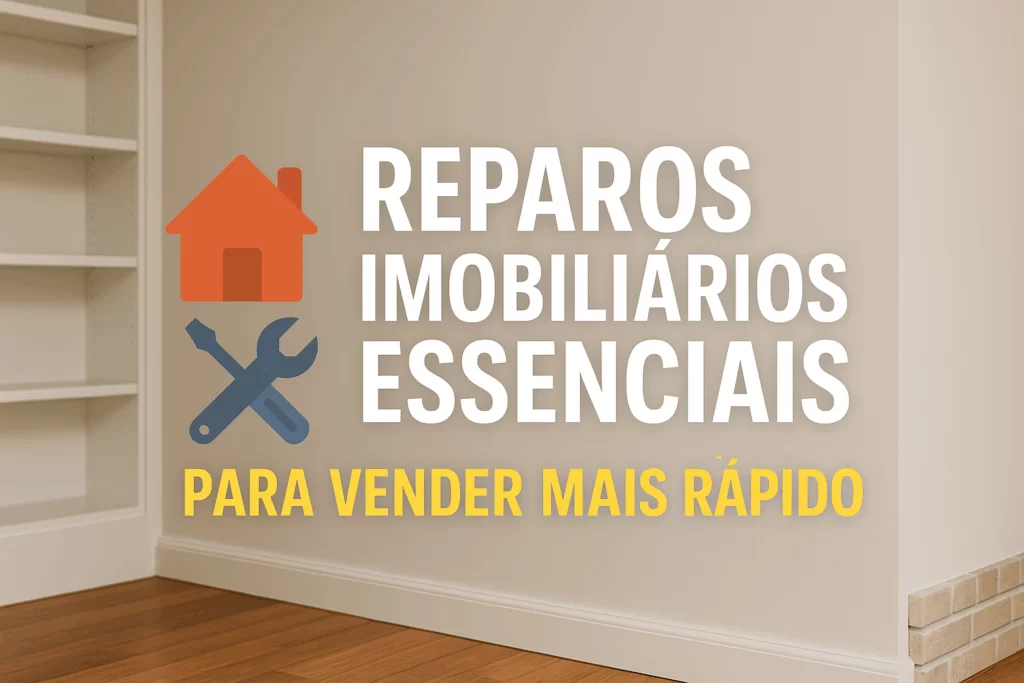 Capa do artigo sobre reparos imobiliários essenciais para vender mais rápido, com ícones de casa e ferramentas em frente a um ambiente interno.