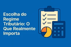 Capa do artigo sobre a escolha do regime tributário com título em destaque e ícones de cálculo e checklist.