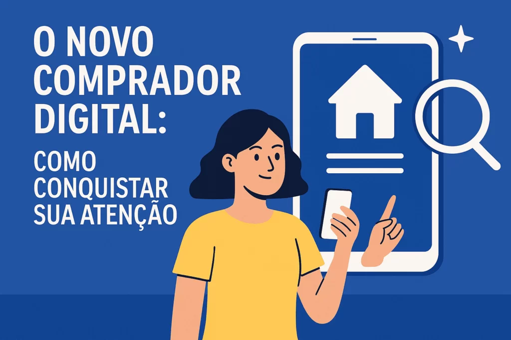 Capa horizontal com o título O Novo Comprador Digital: Como Conquistar Sua Atenção, em ilustração moderna sobre a jornada de busca por imóveis.