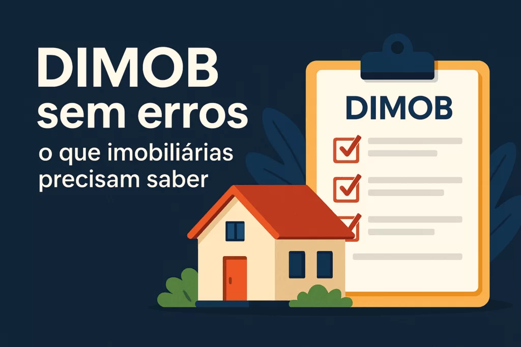 Ilustração sobre DIMOB sem erros, mostrando uma casa e um documento checklist, representando a rotina das imobiliárias no envio da declaração.