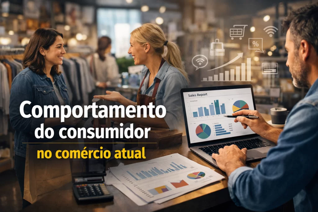 “Imagem de capa representando o comportamento do consumidor no comércio atual e seus impactos na rotina das lojas.”