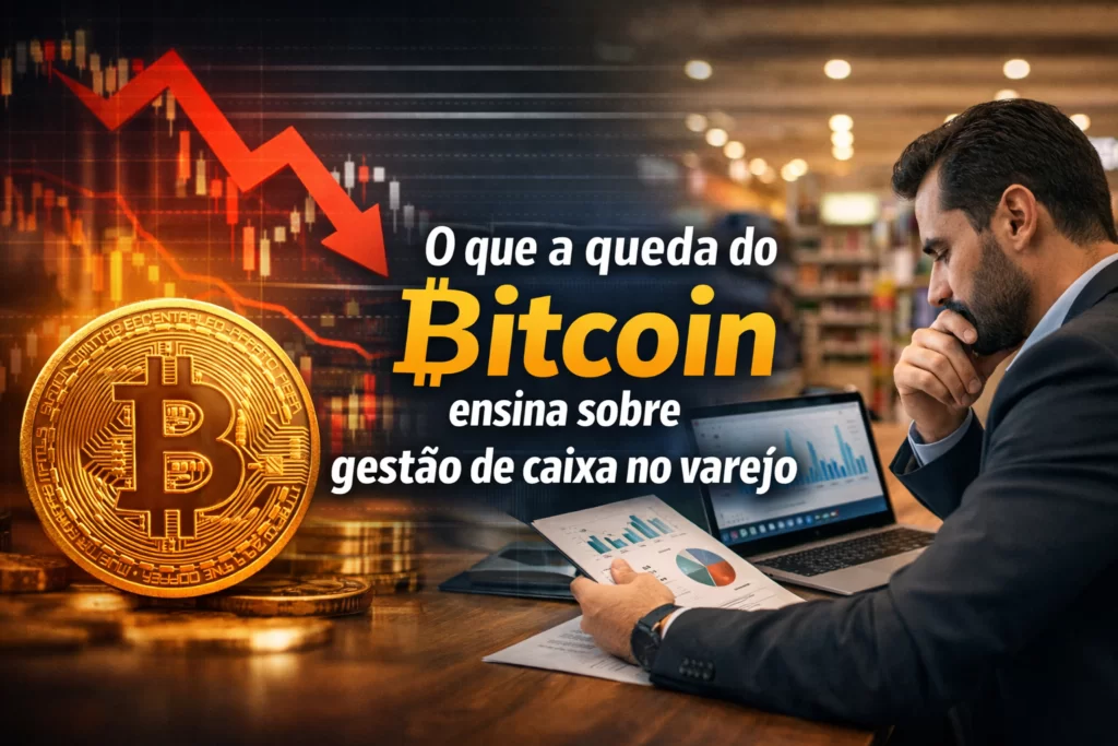 O que a queda do Bitcoin ensina sobre gestão de caixa no varejo ilustrado por empresário analisando gráficos financeiros em loja, com símbolo do Bitcoin e seta de queda ao fundo.