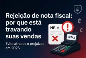 Rejeição de nota fiscal: ilustração mostra uma nota fiscal sendo rejeitada pela SEFAZ com símbolo de erro vermelho, ao lado de uma máquina de cartão, representando como a rejeição de nota fiscal está travando as vendas em 2026.