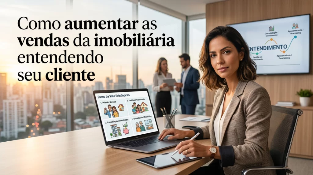 Capa do artigo “Como aumentar as vendas da imobiliária entendendo seu cliente”, mostrando uma gestora de imobiliária em escritório moderno analisando no notebook as fases de vida dos clientes em gráficos e ilustrações.