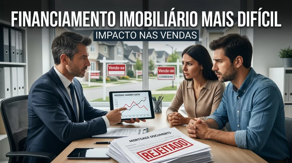 Corretor de imóveis em frente a um casal em um stand de vendas, analisando gráficos de queda nas vendas em uma tela ao fundo, representando o impacto do financiamento imobiliário mais difícil nas negociações.