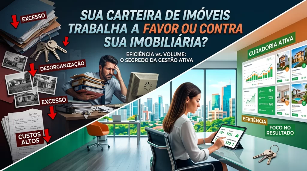 Capa de artigo sobre carteira de imóveis mostrando um gestor imobiliário analisando uma tela com lista de imóveis e gráficos de desempenho ao fundo, em um escritório moderno, representando a importância da gestão ativa na imobiliária.