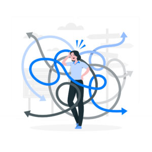 Ilustração de uma mulher confusa cercada por várias setas curvas e entrelaçadas, representando os desafios e a complexidade na gestão de formaturas.