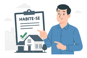 Ilustração digital em estilo flat mostrando uma profissional explicando informações sobre documentação imobiliária, representada por uma prancheta com ícones de checklist e casa, ideal para artigos sobre o habite-se.