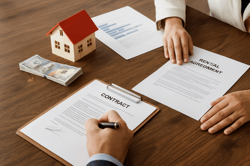 Duas pessoas analisam documentos e gráficos financeiros sobre uma mesa de madeira, representando a avaliação de um imóvel como investimento. Deseja sugestões de onde posicionar essa imagem dentro do artigo?