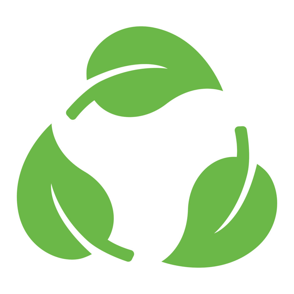 Ícone verde com três folhas formando um símbolo de reciclagem, representando sustentabilidade e práticas ecológicas.