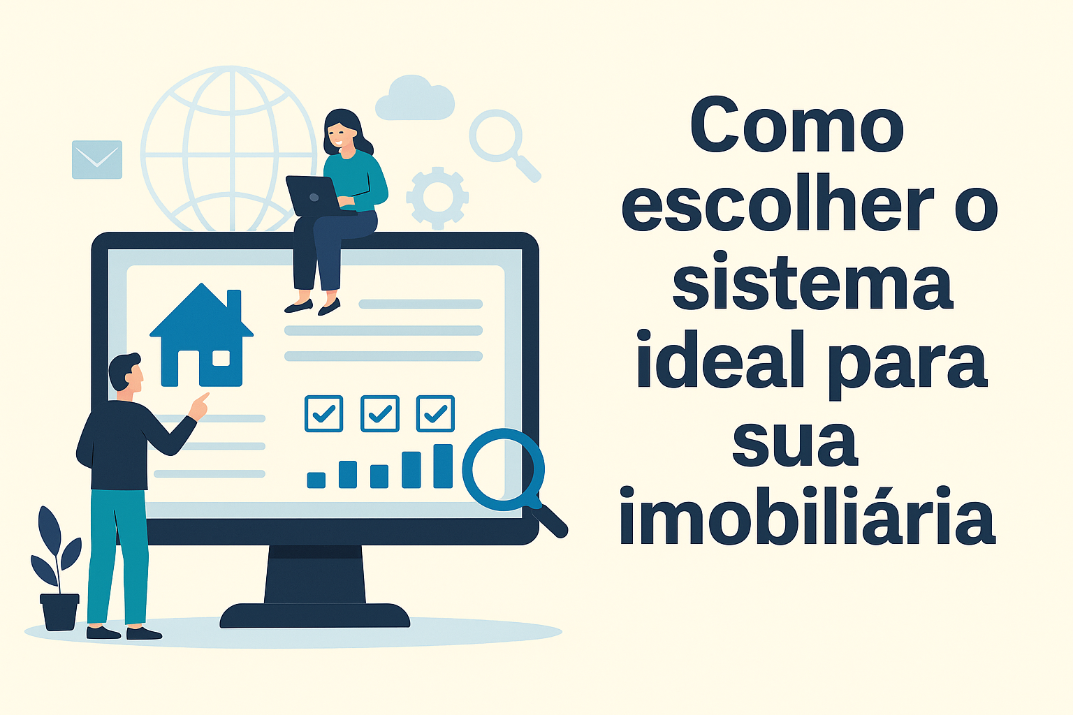 Ilustração digital horizontal em estilo flat mostrando uma corretora de imóveis usando um tablet ao lado de um painel com ícones de sistema e dados, simbolizando Como escolher o sistema ideal para sua imobiliária