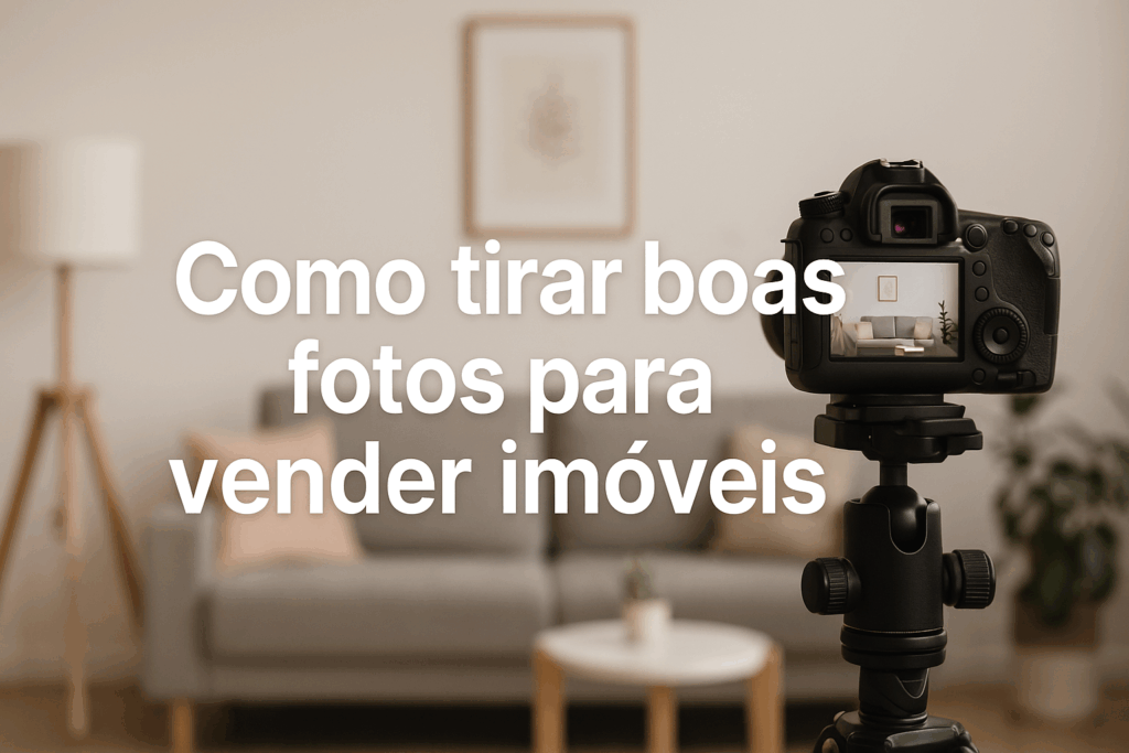 Como tirar boas fotos para vender imóveis' em destaque. Ao fundo, uma sala decorada com iluminação natural é fotografada por uma câmera DSLR sobre um tripé, simbolizando a prática da fotografia imobiliária profissional.