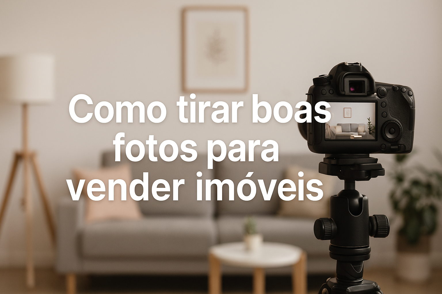 Como tirar boas fotos para vender imóveis' em destaque. Ao fundo, uma sala decorada com iluminação natural é fotografada por uma câmera DSLR sobre um tripé, simbolizando a prática da fotografia imobiliária profissional.