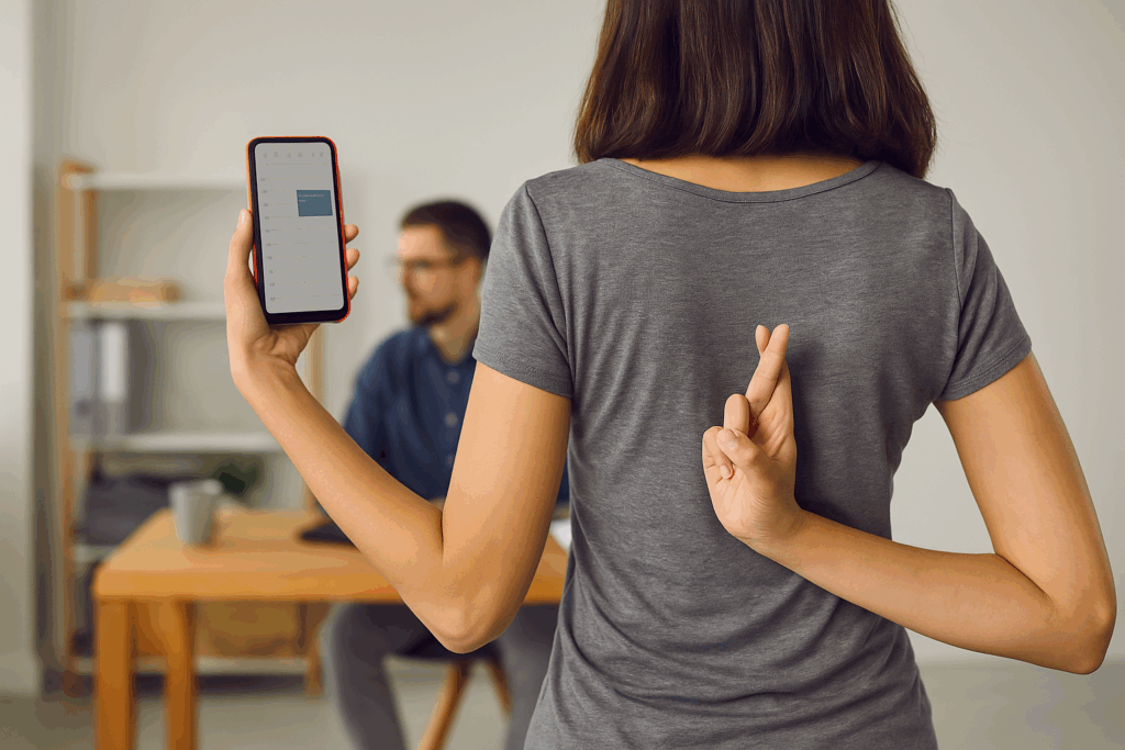 Imagem horizontal de uma mulher olhando frustrada para o celular, com expressão de impaciência, sentada em um ambiente interno, simbolizando a espera por resposta em um processo de agendamento manual.