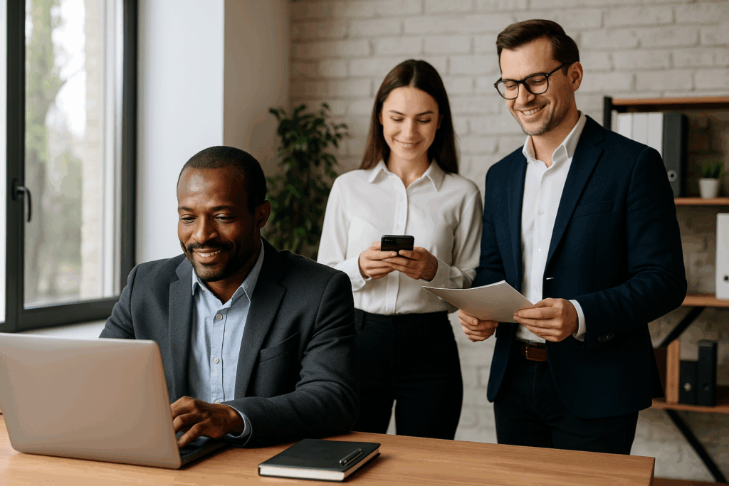 Três profissionais analisam juntos um notebook em um escritório moderno com luz natural, representando Como controlar sua equipe de vendas externa com inteligência 