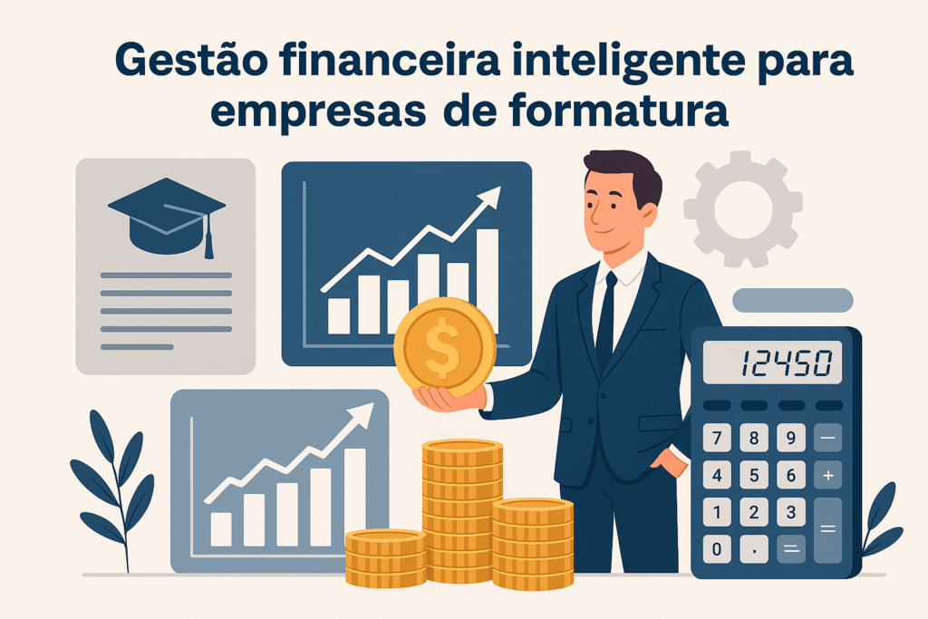 Ilustração digital em estilo flat mostra um empresário segurando uma moeda dourada, cercado por gráficos de crescimento, diploma de formatura, calculadora e pilhas de moedas, com a frase “Gestão financeira inteligente para empresas de formatura” no topo.