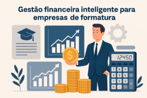 Ilustração digital em estilo flat mostra um empresário segurando uma moeda dourada, cercado por gráficos de crescimento, diploma de formatura, calculadora e pilhas de moedas, com a frase “Gestão financeira inteligente para empresas de formatura” no topo.
