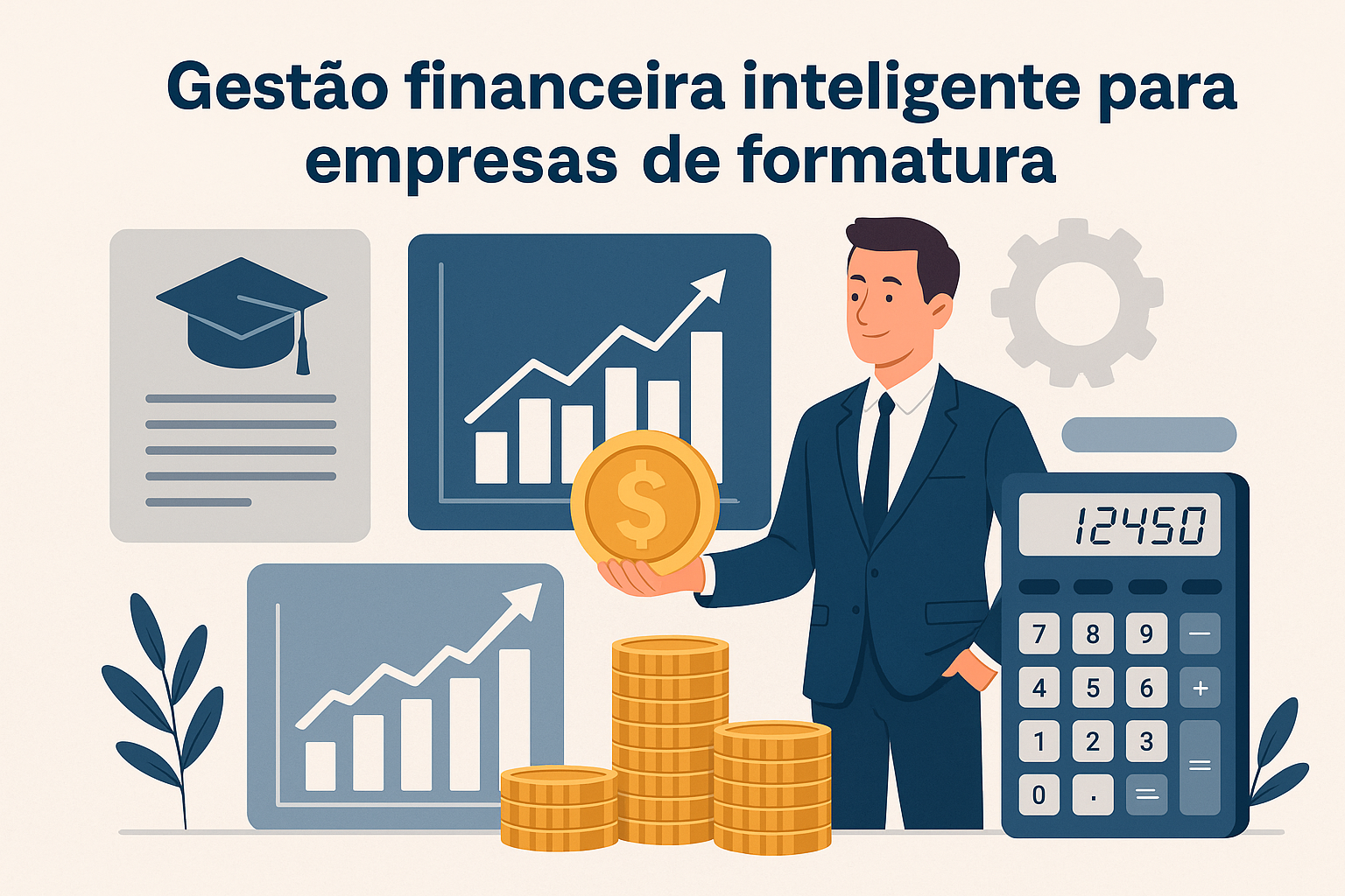 Ilustração digital em estilo flat mostra um empresário segurando uma moeda dourada, cercado por gráficos de crescimento, diploma de formatura, calculadora e pilhas de moedas, com a frase “Gestão financeira inteligente para empresas de formatura” no topo.