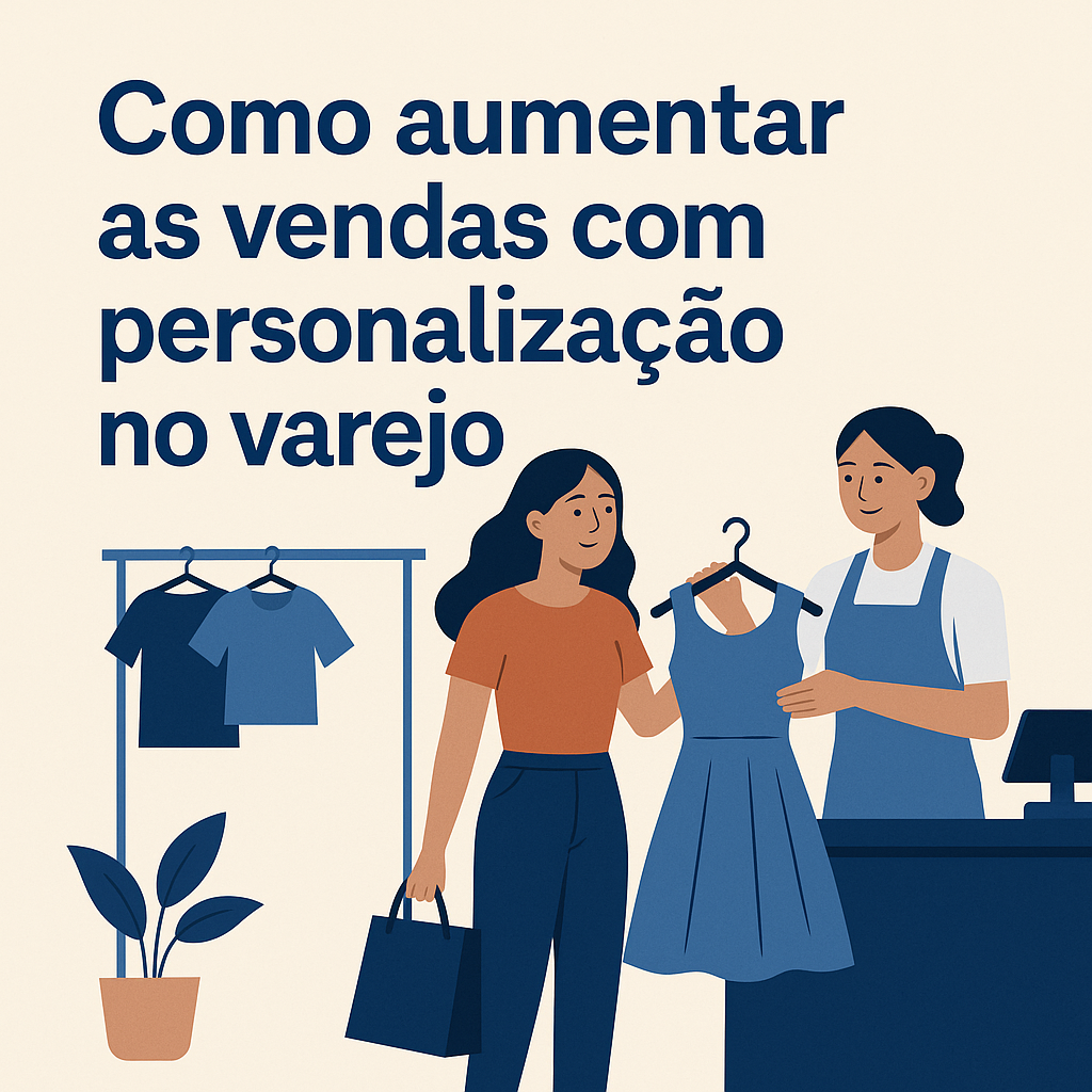 Imagem de capa com a frase 'Como aumentar as vendas com personalização no varejo', apresentando elementos visuais relacionados a comércio e personalização, como uma loja, clientes felizes e ícones de personalização.