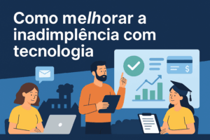 Ilustração digital em formato horizontal mostra elementos gráficos que representam boletos, gráficos de inadimplência e ícones de tecnologia, destacando o tema “Como melhorar a inadimplência com tecnologia” de forma visual e moderna, ideal para empresas de formatura.