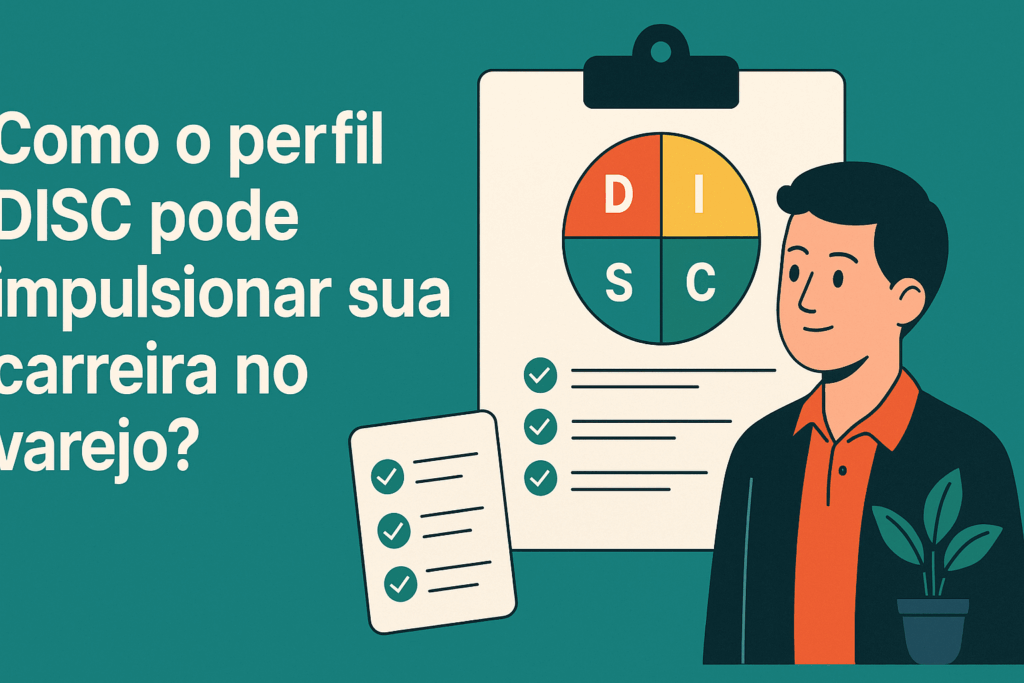 Ilustração digital horizontal mostrando profissionais do varejo interagindo em um ambiente de loja, com gráficos e elementos visuais que representam análise comportamental e autoconhecimento. A imagem destaca o tema 'Como o perfil DISC pode impulsionar sua carreira no varejo', conectando o desenvolvimento pessoal ao desempenho profissional.