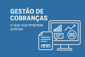 Gestão de cobranças representada por ilustração de computador com gráficos financeiros e documento, simbolizando controle e eficiência empresarial.