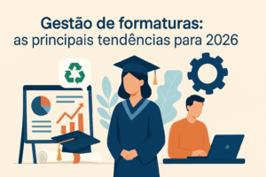 Ilustração representando a Gestão de formaturas, com formandos em becas, gráficos de desempenho e elementos tecnológicos que simbolizam inovação e tendências para 2026.