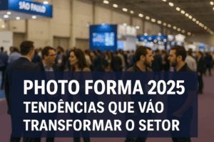 Capa horizontal do artigo “Photo Forma 2025: tendências que vão transformar o setor”, mostrando profissionais em feira de negócios em São Paulo com o título do evento sobreposto em destaque.