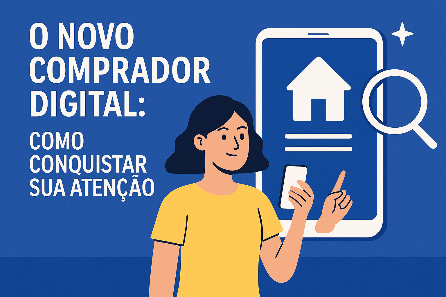 Capa horizontal com o título O Novo Comprador Digital: Como Conquistar Sua Atenção, em ilustração moderna sobre a jornada de busca por imóveis.