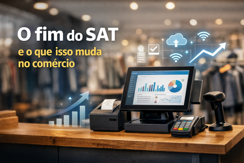 “Imagem horizontal representando o fim do SAT no comércio, com destaque para a modernização do ponto de venda e a adaptação da rotina das lojas.”