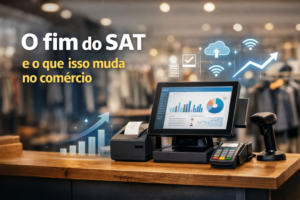 “Imagem horizontal representando o fim do SAT no comércio, com destaque para a modernização do ponto de venda e a adaptação da rotina das lojas.”